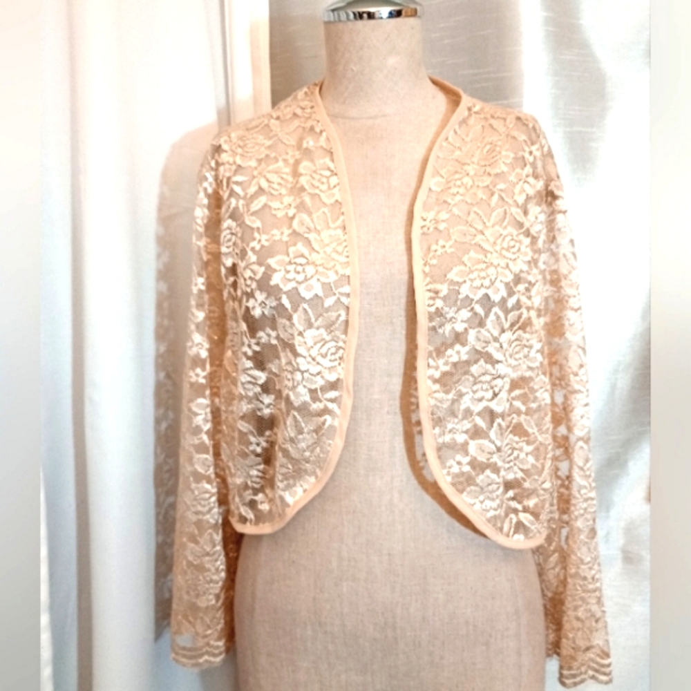 Sally USA, Crop Lace Sweater, Sparkle Gold, Open Front,See thru, Long Sleeve,2XL